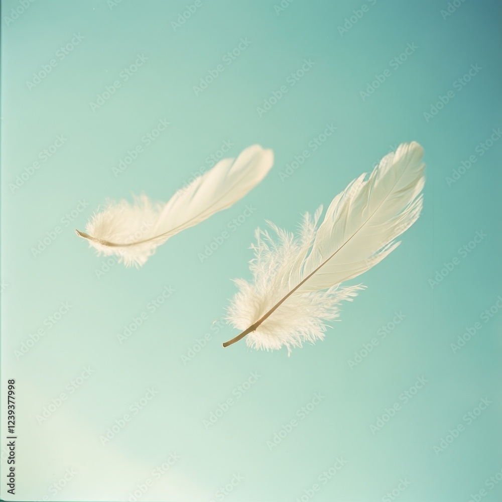 Fototapeta premium Feather on blue background. Retro style. Square composition. Copy space.