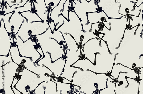 Black skeletons seamless pattern, vigorously dancing and having fun on a white background. Template pattern for Halloween and Day of the Dead. Vector illustration.