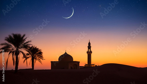 Ramadan Chand Raat Scenic Background with Crescent Moon, Starry Night Sky, Majestic Mosque Silhouette, and Serene Desert Landscape at Sunset – Spiritual Islamic Atmosphere for the Holy Month Ramadan