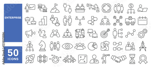 Set of 50 line icons related to enterprise, project, network, business, management, partner, corporate, market, vision, commerce, Editable stroke. Vector illustration