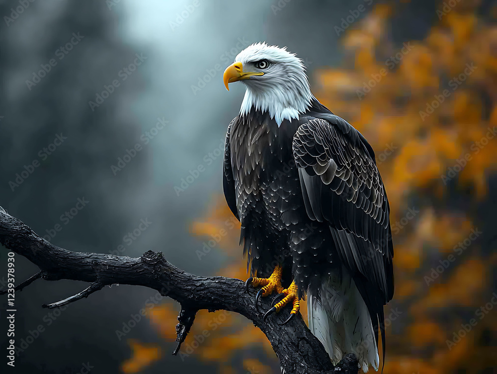 Majestic bald eagle perched on a dark branch against a blurred autumnal backdrop. Stunning wildlife photography ideal for nature documentaries, websites, or print media. Majestic bald eagle perched on a dark branch against a blurred autumnal backdrop. Stunning wildlife photography ideal for nature documentaries, websites, or print media.