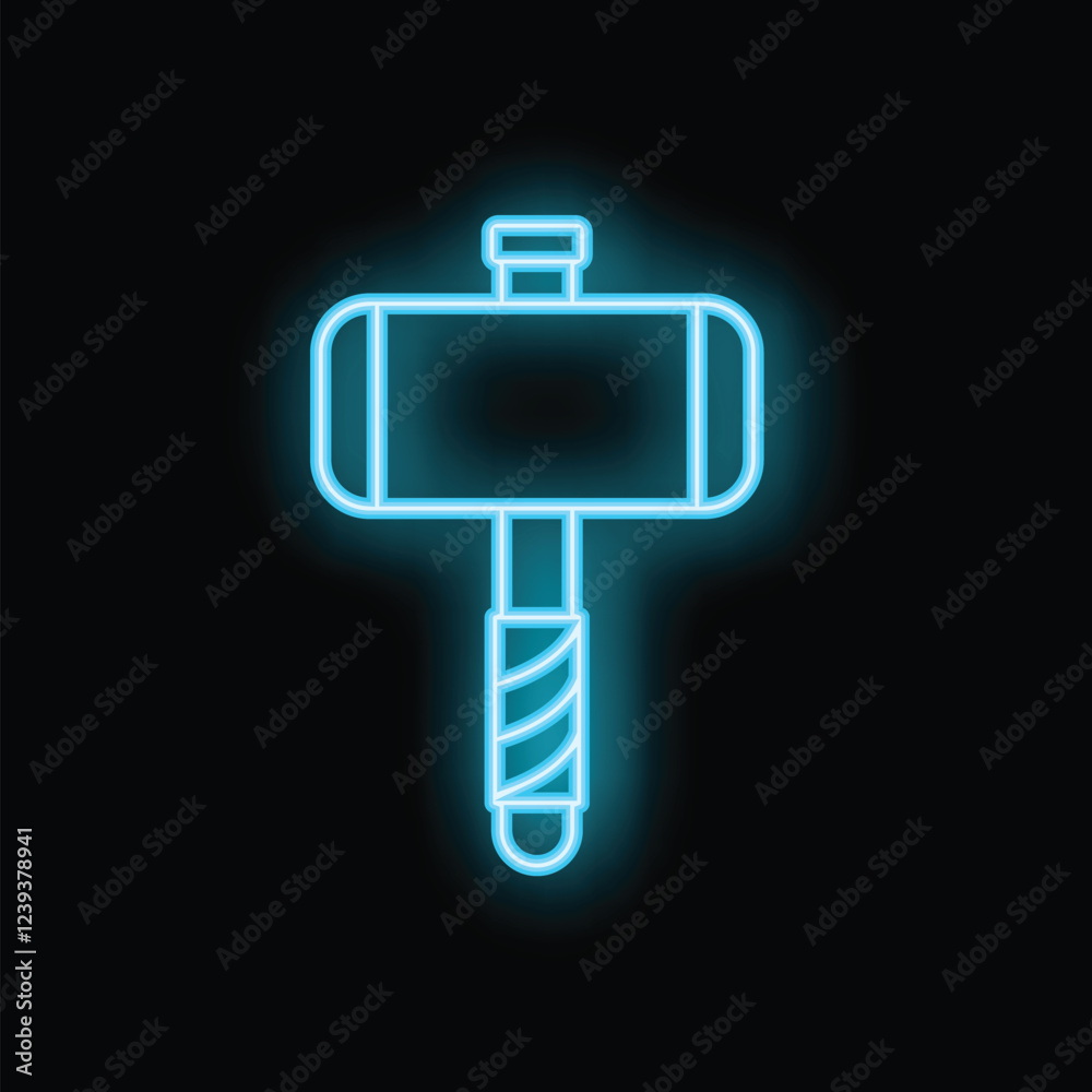 This neon blue hammer icon is glowing against a black background, symbolizing construction, power, and diy projects This neon blue hammer icon is glowing against a black background, symbolizing construction, power, and diy projects