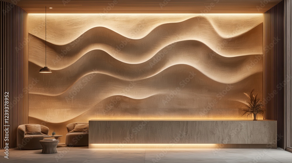 Fototapeta premium Warm illumination highlighting textured wall curves behind sleek reception area, crafting elegant hospitality environment with soft architectural lighting