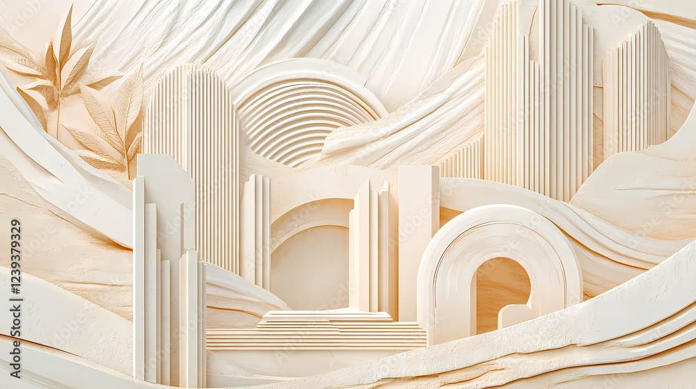 Fototapeta premium Curved ivory natural contour features with geometric textures for wallpaper mural design. Architectural Style. Illustration