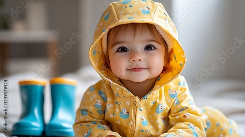 Adorable baby girl in yellow raincoat and rain boots.