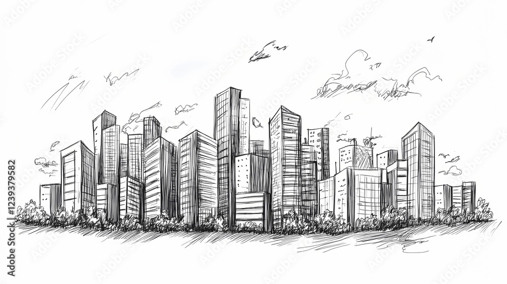 Fototapeta premium Detailed pen-and-ink cityscape sketch, architectural style. Architectural Style. Illustration