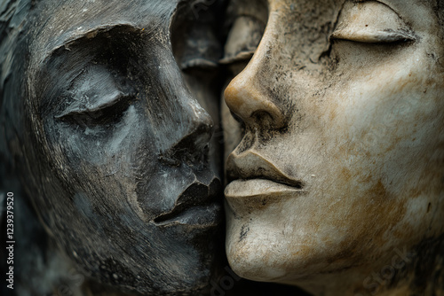 Intimate Stone Sculptures: Two Faces Touching, Ancient Art, Emotional Connection, Marble Beauty, Symbolic Love, Classical Design, Timeless Craft
