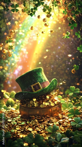 Leprechaun's Pot of Gold Magical Saint Patrick's Day  Scene with Shamrocks and Rainbow