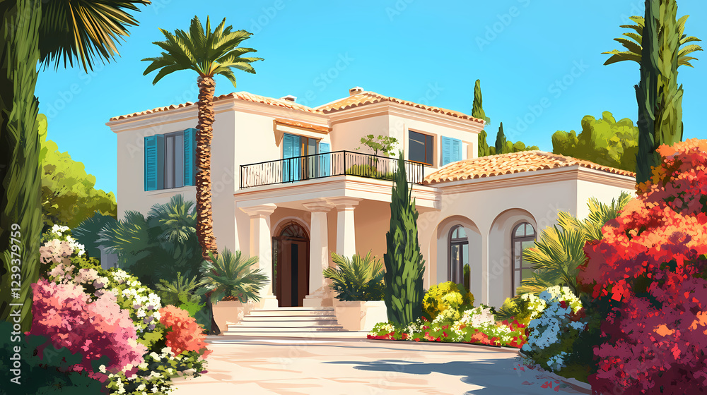 Fototapeta premium Elegant mediterranean villa exterior with blooming plants in modern architecture style. Architectural Style. Illustration