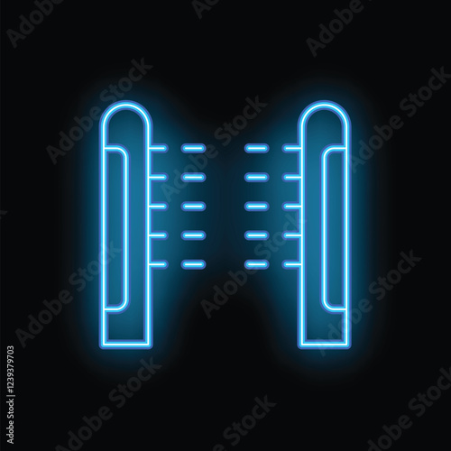 Bright blue neon sign of a turnstile gate shining in the dark