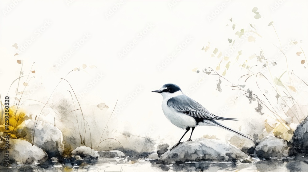 White-winged tern perched on rocks by water, plants in background; nature illustration White-winged tern perched on rocks by water, plants in background; nature illustration