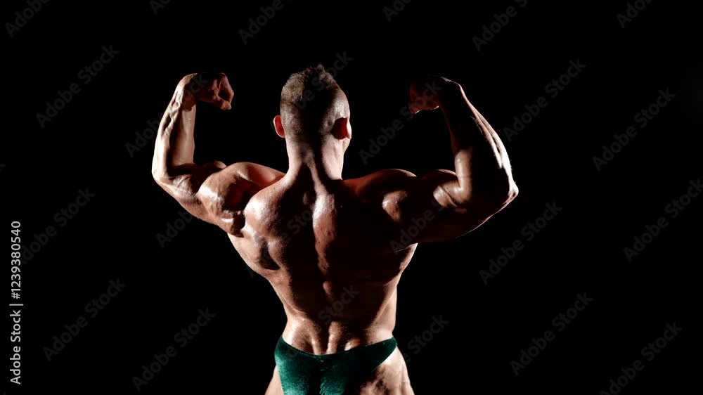 Every muscle on the athlete's back is clearly highlighted thanks to the skillful lighting that creates the volume and texture of the body. Every muscle on the athlete's back is clearly highlighted thanks to the skillful lighting that creates the volume and texture of the body.
