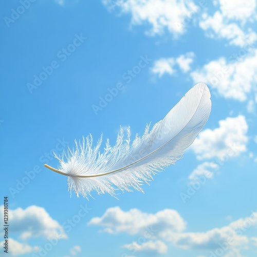 White feather on a background of blue sky with clouds. Vector illustration.