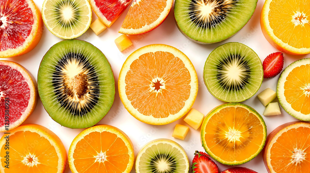 Fresh Mixed Fruit Slices Including Kiwi, Orange, Lemon, and Berries Fresh Mixed Fruit Slices Including Kiwi, Orange, Lemon, and Berries