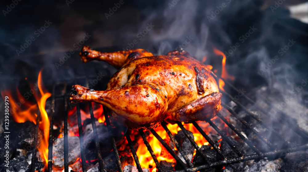 Delicious whole chicken cooking on a hot charcoal grill. Smoke and flames enhance the outdoor barbecue experience, delivering a flavorful and appetizing meal ideal for gatherings and celebrations. Delicious whole chicken cooking on a hot charcoal grill. Smoke and flames enhance the outdoor barbecue experience, delivering a flavorful and appetizing meal ideal for gatherings and celebrations.