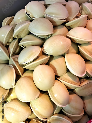 Pile of fresh raw Littleneck clams, straight from the sea, showcasing their natural briny flavor and tender texture. Ideal for a variety of seafood dishes. photo