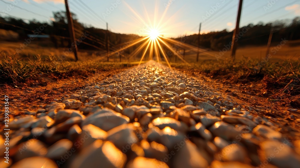 Obraz premium Sunset over gravel road, vineyard background, rural scene, idyllic travel