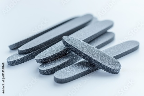 Gray manicure tools with various abrasives on a white backdrop