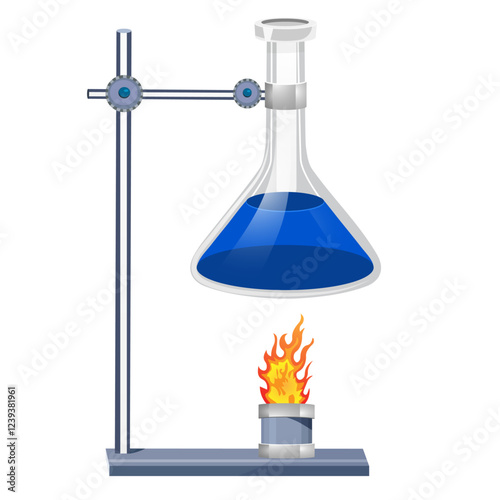 flask with blue liquid and holder with fire