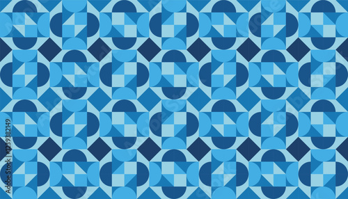 A geometric background pattern, characterized by intricate interlocking shapes and an elegant monochromatic blue color scheme