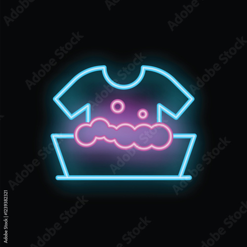 Bright neon icon of a t shirt soaking in a basin with soap suds, perfect for advertising laundry services or promoting cleanliness