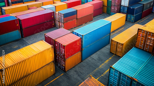 Tariffs on Canada affecting trade dynamics seen through colorful shipping containers in a bustling port environment. Generative AI