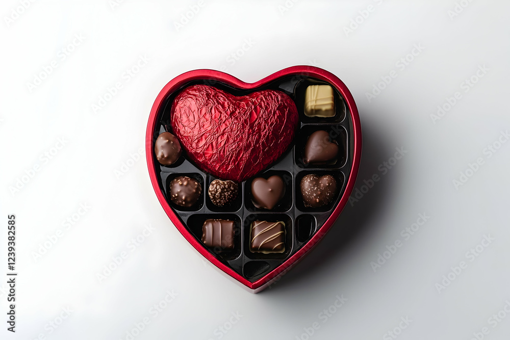 A single red heart-shaped box with chocolates inside against pure white background A single red heart-shaped box with chocolates inside against pure white background