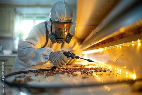 Attractive man skillfully applying pesticide in kitchen cabinet to eliminate pests and uphold cleanliness.