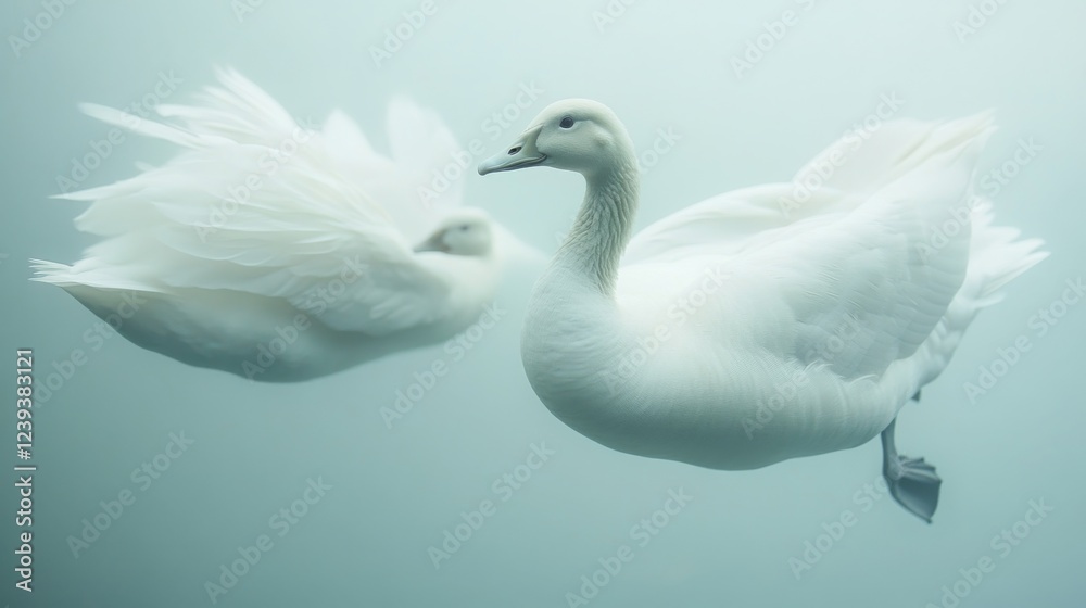 Fototapeta premium White goose swimming beside a white duck. Close-up with visible feathers and feet details. 
