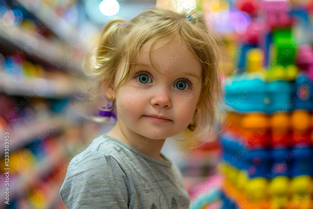 Generative AI image of a cheerful child enjoying a visit to a colorful toy store Generative AI image of a cheerful child enjoying a visit to a colorful toy store