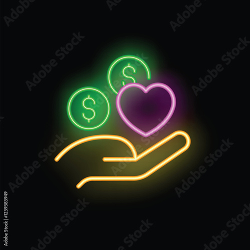 Neon icon of a hand holding a heart and money, representing charity and funding