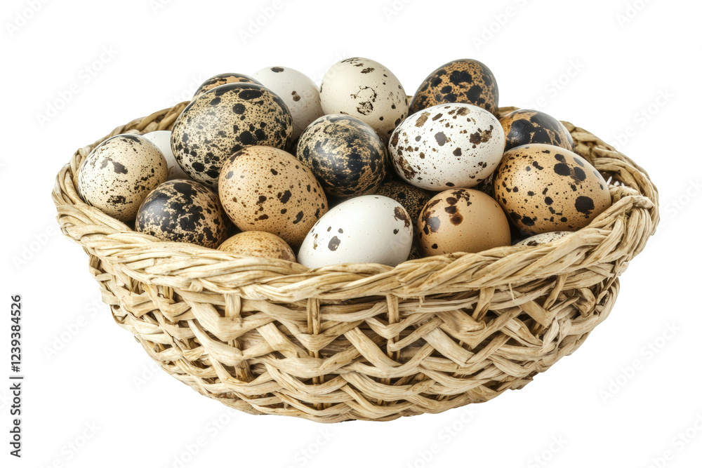 Isolated Woven Basket Filled with Speckled Quail Eggs Isolated Woven Basket Filled with Speckled Quail Eggs