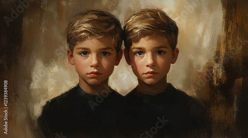 Two young twin brothers with a deep bond, captured in a close portrait. Their connection and individuality are vividly depicted in their expressions. photo