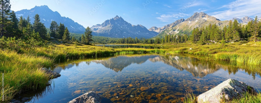 Obraz premium A serene landscape featuring a clear lake surrounded by lush greenery and majestic mountains under a blue sky.