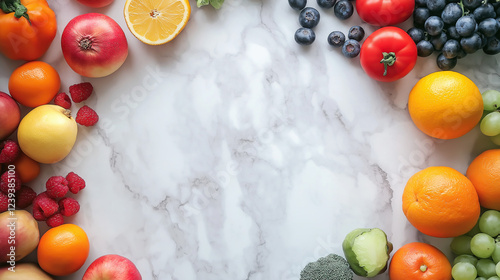 Colorful Fruit and Vegetable Frame on Marble Surface
