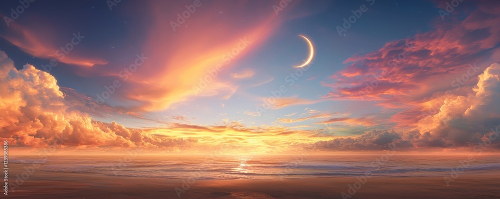 Fototapeta premium A serene sunset over the ocean, with vibrant clouds and a crescent moon illuminating the tranquil scene.