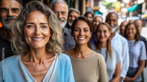 A diverse group of smiling individuals standing together in a city street.