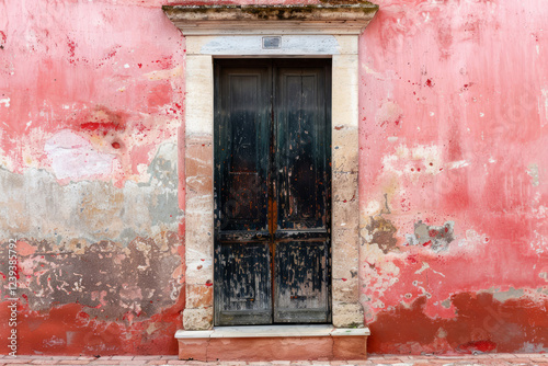 Pink wall with old wooden door in european city. Detailed photo textured background photo