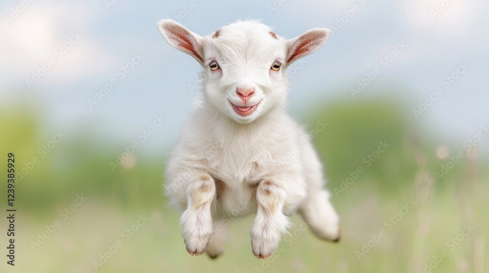 Kid goat leaping in spring meadow, joyful expression. Use greeting cards Kid goat leaping in spring meadow, joyful expression. Use greeting cards