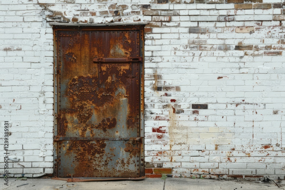 White brick wall with old rustic door in european city. Detailed photo textured background White brick wall with old rustic door in european city. Detailed photo textured background
