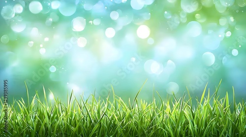 Lush green grass under warm spring sunlight with soft bokeh. Generative AI