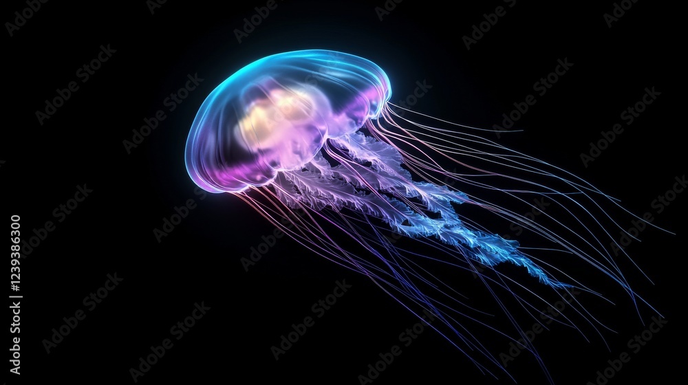 Fototapeta premium A breathtaking jellyfish glides through dark waters, showcasing its vibrant bioluminescent colors. Its delicate tentacles trail behind, creating a mesmerizing underwater spectacle