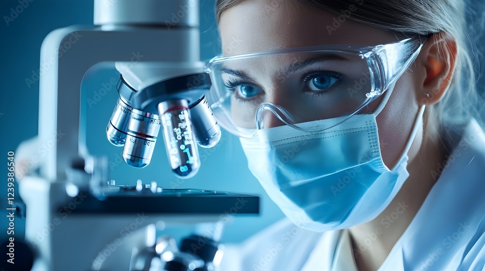 Focused Female Scientist Using Advanced Microscope for Medical Research Laboratory Experiments Science Technology Innovation mask work blue light Focused Female Scientist Using Advanced Microscope for Medical Research Laboratory Experiments Science Technology Innovation mask work blue light