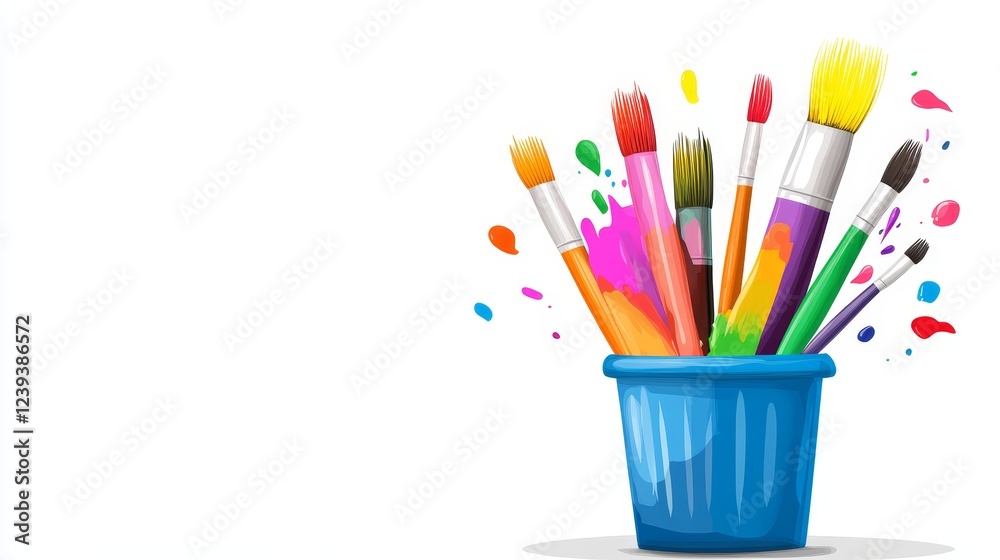 Fototapeta premium Colorful Paintbrushes in a Blue Cup - A vibrant illustration of paintbrushes in a blue container, symbolizing creativity, art, expression, design, and passion.