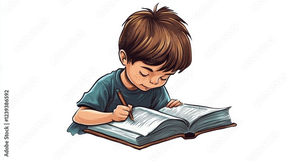 Young Boy Engaged in Reading and Writing in Open Book Illustration Young Boy Engaged in Reading and Writing in Open Book Illustration