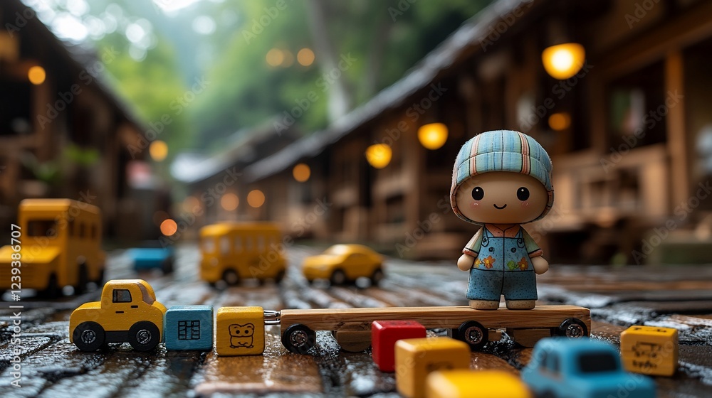 Fototapeta premium Wooden toy boy on a toy truck in a village.
