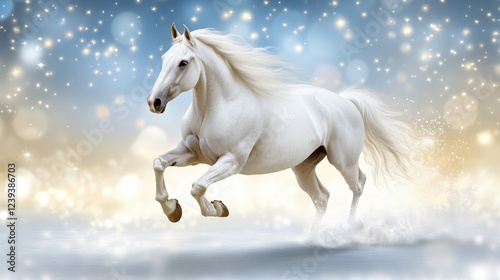 White horse galloping through snowy landscape with blurred bokeh lights