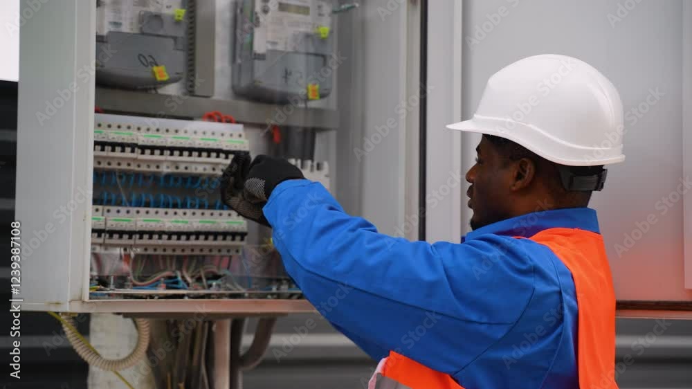 African American electrician working on outdoor electrical panel wiring
