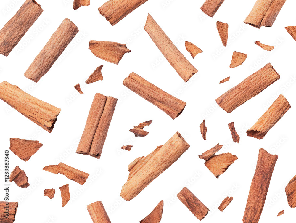 Isolated Cinnamon Sticks and Bark Pieces in Random Arrangement Isolated Cinnamon Sticks and Bark Pieces in Random Arrangement