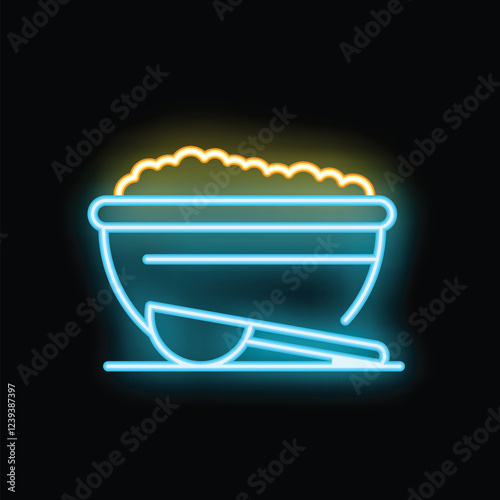 Glowing neon sign of a bowl overflowing with food and a spoon resting on a plate, perfect for restaurants and food businesses